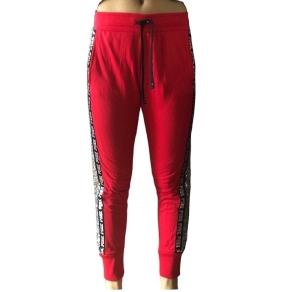 VS PINK Victoria’s Secret Red Bling Silver Sequin Joggers Pants Women’s Small - Picture 5 of 16